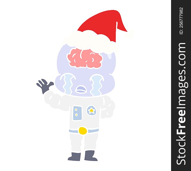 Flat Color Illustration Of A Big Brain Alien Crying Wearing Santa Hat