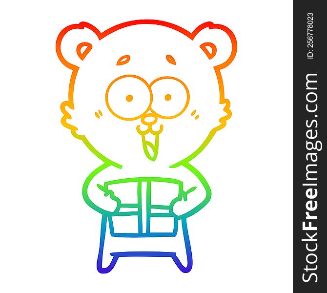Rainbow Gradient Line Drawing Laughing Teddy  Bear With Christmas Present
