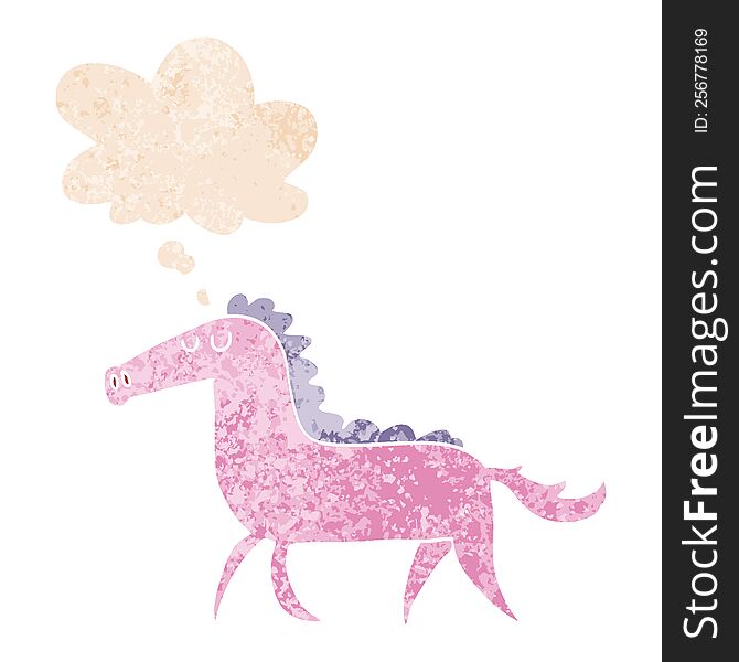 cartoon horse with thought bubble in grunge distressed retro textured style. cartoon horse with thought bubble in grunge distressed retro textured style