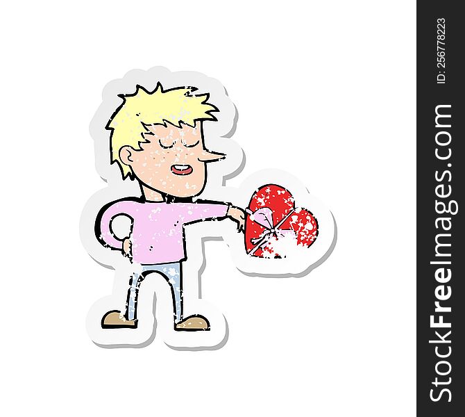 retro distressed sticker of a cartoon man with valentine gift