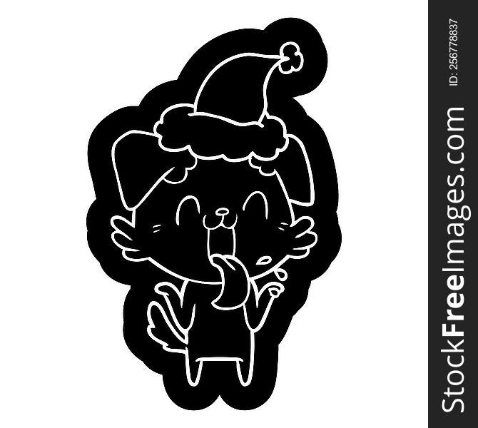 quirky cartoon icon of a panting dog shrugging shoulders wearing santa hat