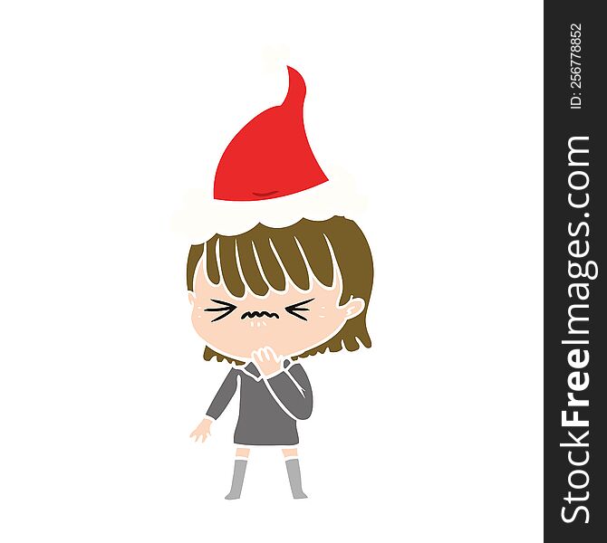 hand drawn flat color illustration of a girl regretting a mistake wearing santa hat