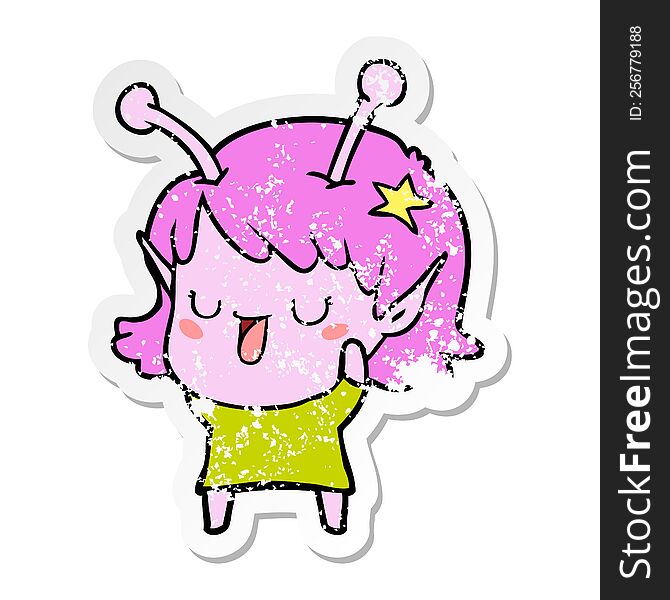 Distressed Sticker Of A Happy Alien Girl Cartoon Laughing