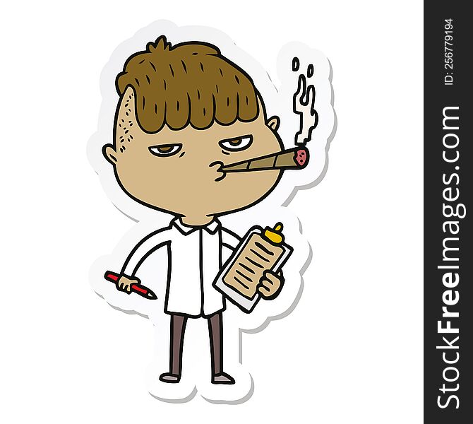 sticker of a cartoon salesman smoking