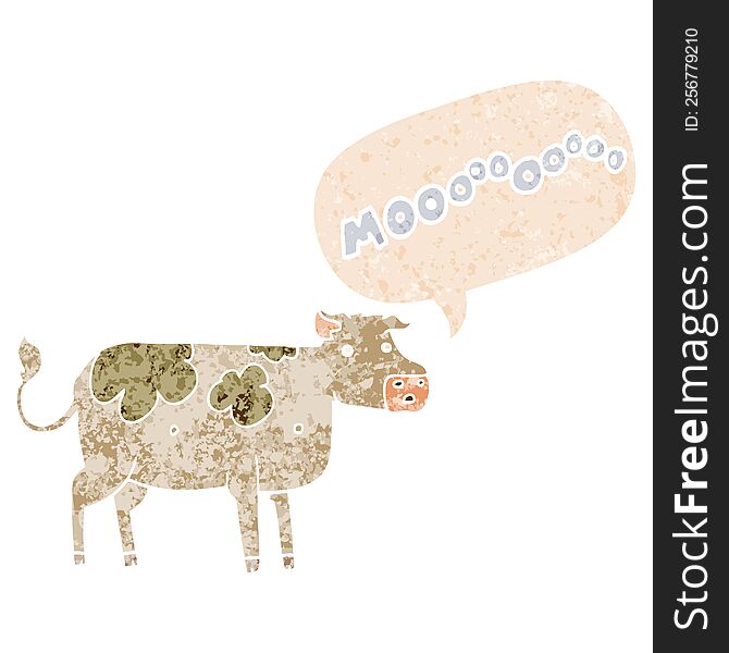 Cartoon Cow And Speech Bubble In Retro Textured Style