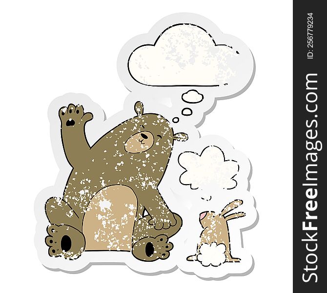cartoon bear and rabbit friends with thought bubble as a distressed worn sticker