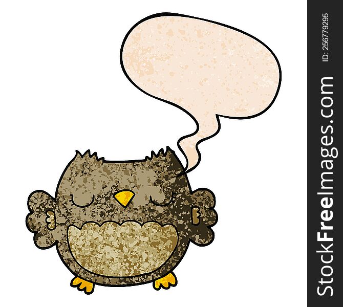 Cute Cartoon Owl And Speech Bubble In Retro Texture Style