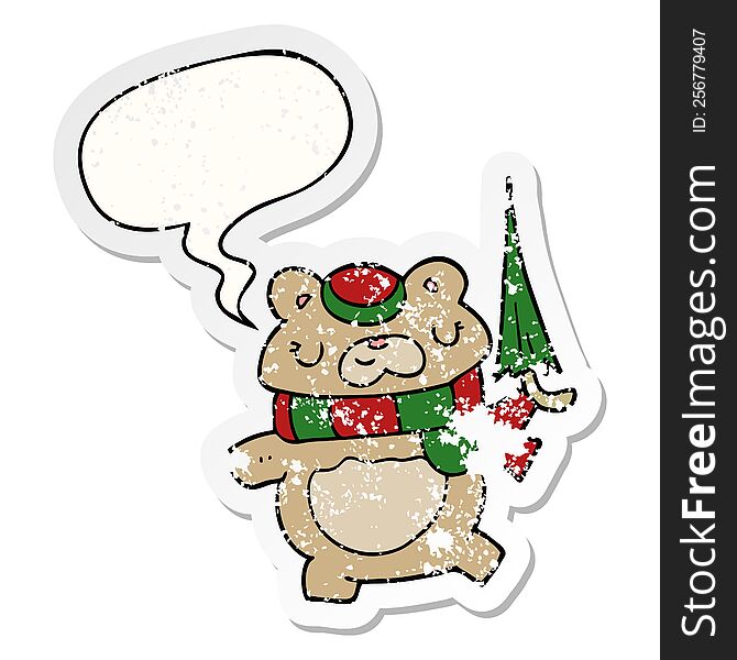 cartoon bear with umbrella with speech bubble distressed distressed old sticker. cartoon bear with umbrella with speech bubble distressed distressed old sticker