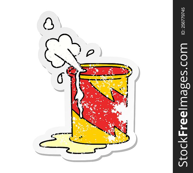 distressed sticker of a quirky hand drawn cartoon exploding oil can