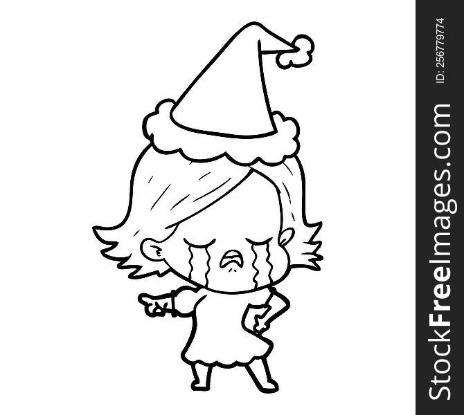 Line Drawing Of A Girl Crying And Pointing Wearing Santa Hat