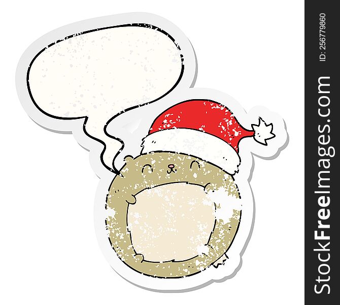 cute cartoon christmas bear with speech bubble distressed distressed old sticker. cute cartoon christmas bear with speech bubble distressed distressed old sticker