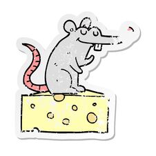 Distressed Sticker Of A Cartoon Mouse Sitting On Cheese Stock Photo