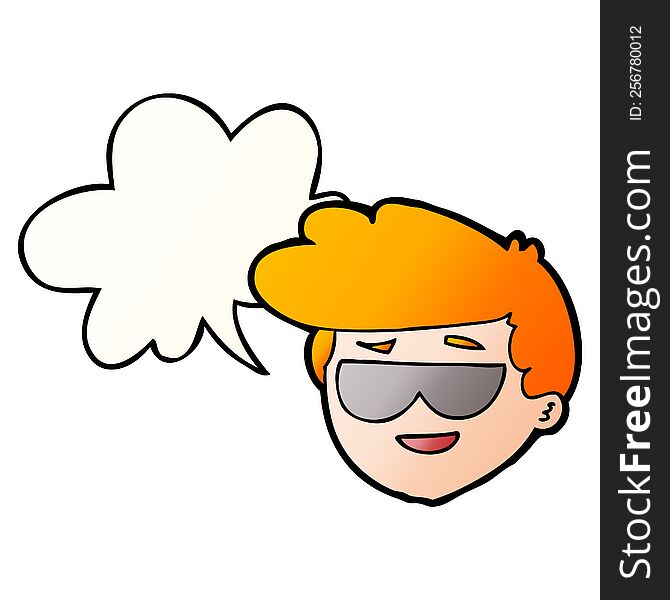 cartoon boy wearing sunglasses with speech bubble in smooth gradient style