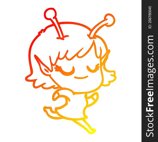Warm Gradient Line Drawing Smiling Alien Girl Cartoon Running