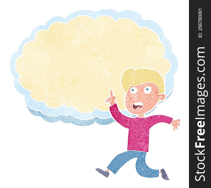 cartoon running boy in front of idea cloud with space for text. cartoon running boy in front of idea cloud with space for text