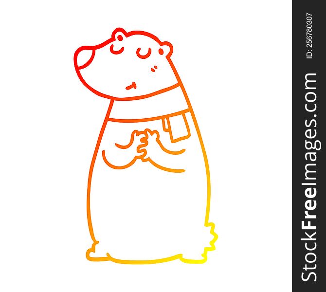 Warm Gradient Line Drawing Cartoon Bear Wearing Scarf