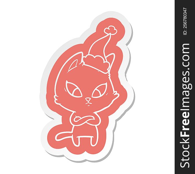 Confused Cartoon  Sticker Of A Cat Wearing Santa Hat