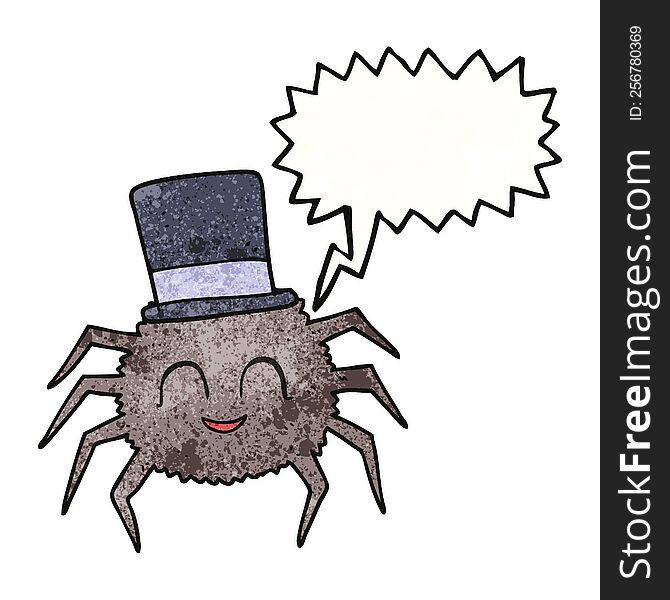 freehand speech bubble textured cartoon spider wearing top hat