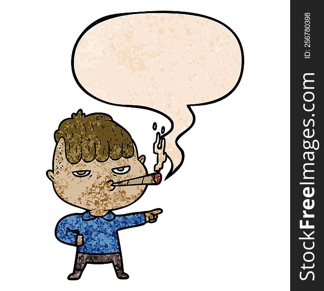 Cartoon Man Smoking And Speech Bubble In Retro Texture Style