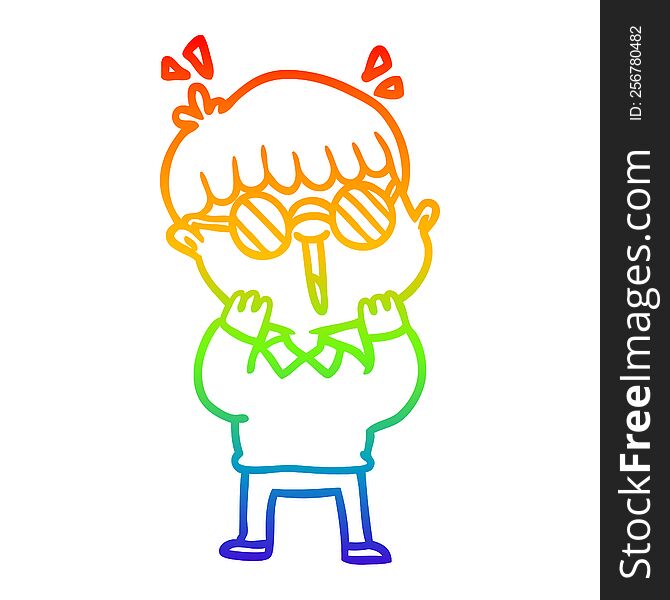 Rainbow Gradient Line Drawing Cartoon Happy Boy Wearing Spectacles