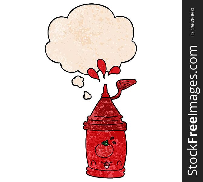 Cartoon Ketchup Bottle And Thought Bubble In Grunge Texture Pattern Style