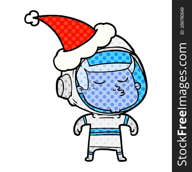 hand drawn comic book style illustration of a confident astronaut wearing santa hat