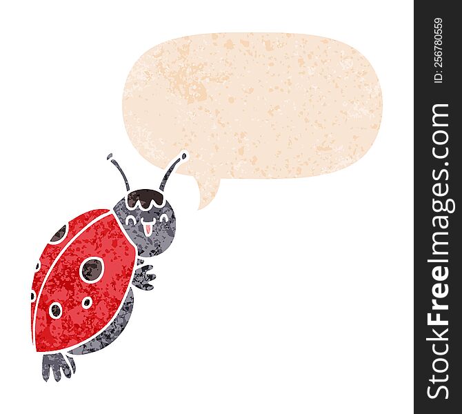 cute cartoon ladybug with speech bubble in grunge distressed retro textured style. cute cartoon ladybug with speech bubble in grunge distressed retro textured style