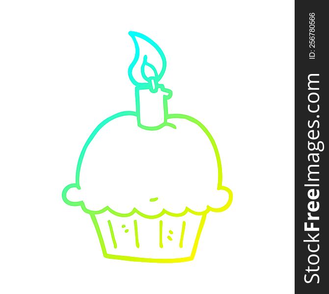 cold gradient line drawing of a cartoon birthday cupcake