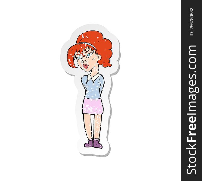 retro distressed sticker of a cartoon pretty girl tilting head