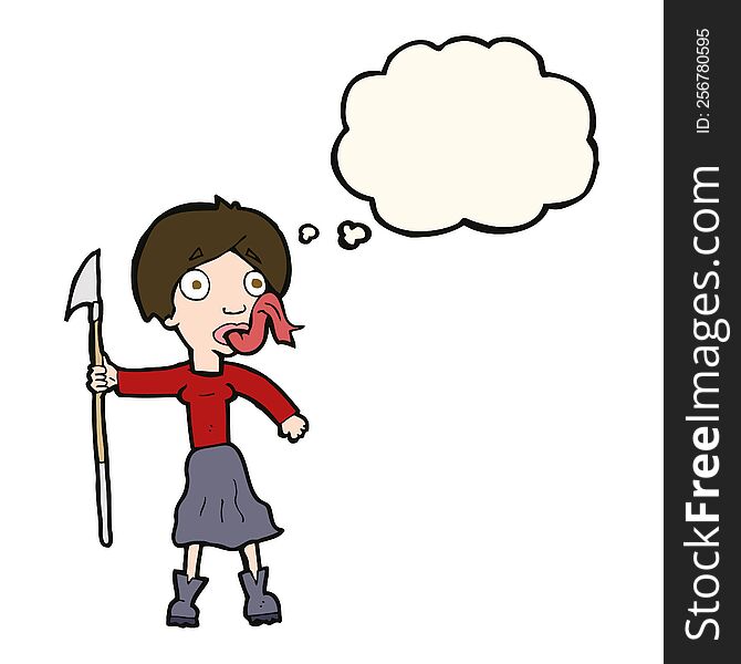 cartoon woman with spear sticking out tongue with thought bubble