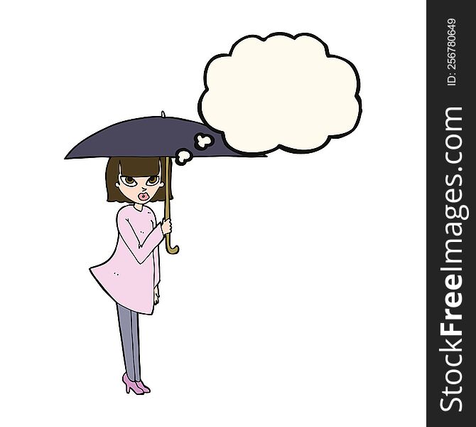 Cartoon Woman With Umbrella With Thought Bubble