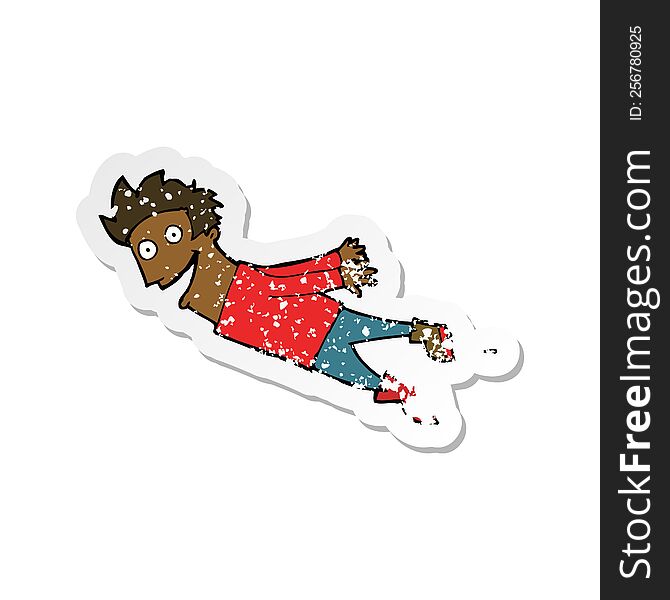 retro distressed sticker of a cartoon drenched man flying