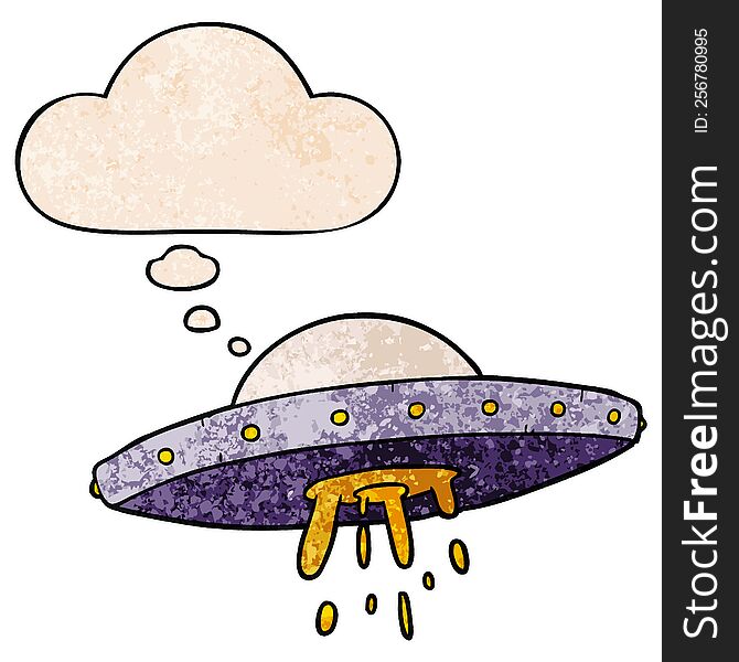 Cartoon Flying UFO And Thought Bubble In Grunge Texture Pattern Style