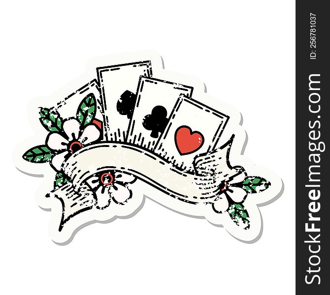 Traditional Distressed Sticker Tattoo Of Cards And Banner