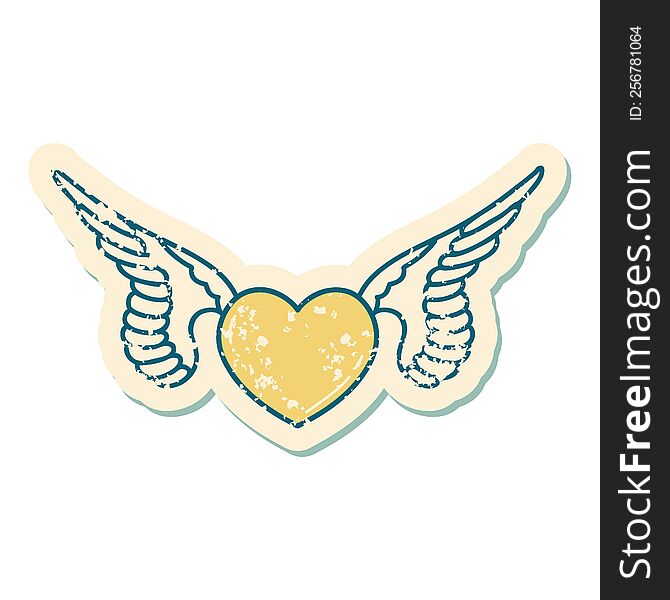 Distressed Sticker Tattoo Style Icon Of A Heart With Wings