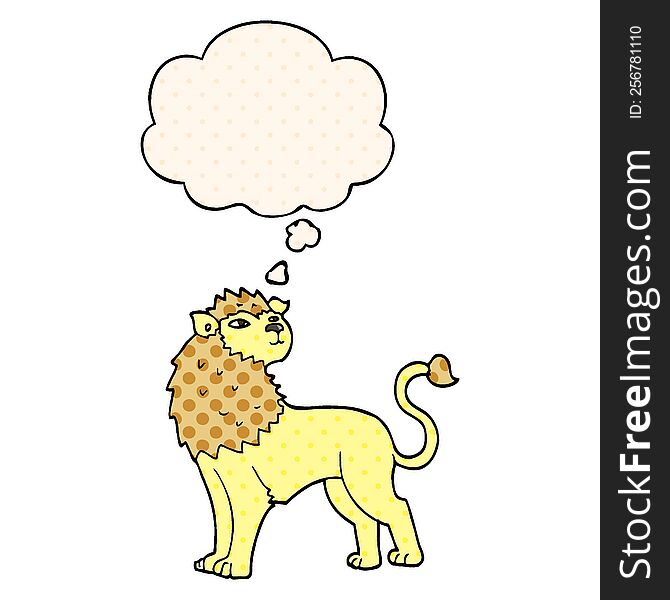 cartoon lion with thought bubble in comic book style