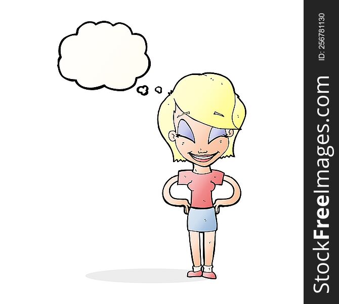 cartoon woman with hands on hips with thought bubble