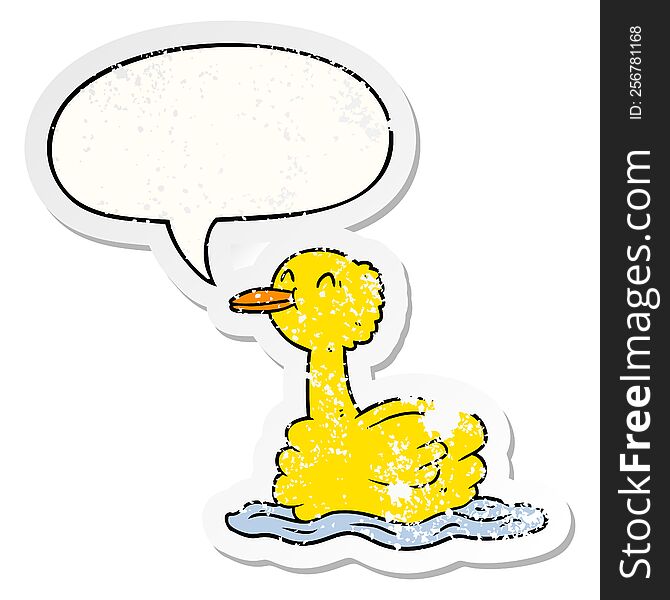 cartoon swimming duck with speech bubble distressed distressed old sticker. cartoon swimming duck with speech bubble distressed distressed old sticker