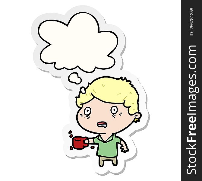 cartoon man with cup of coffee with thought bubble as a printed sticker