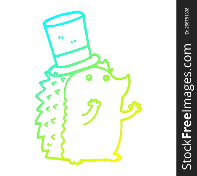 cold gradient line drawing of a cartoon hedgehog wearing hat