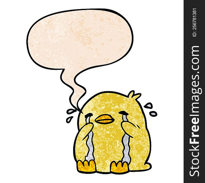 cartoon crying bird with speech bubble in retro texture style