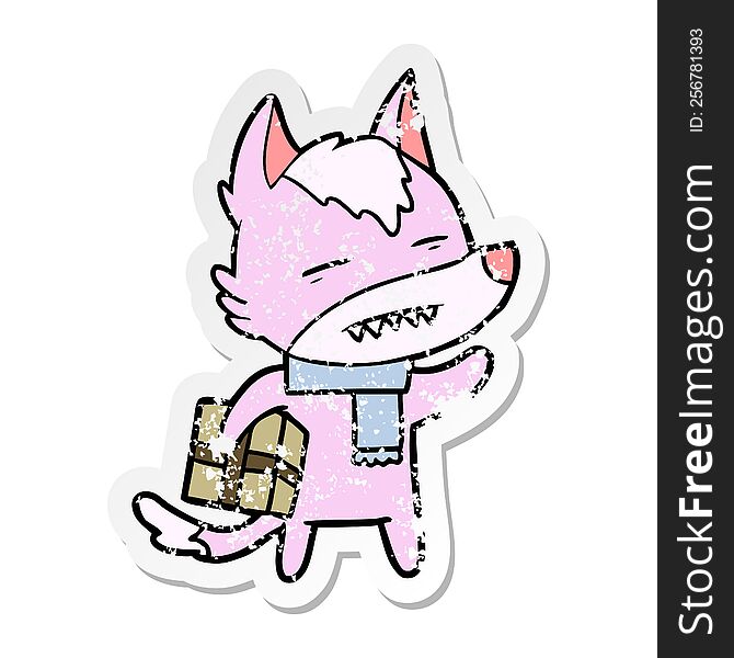 Distressed Sticker Of A Cartoon Wolf With A Gift