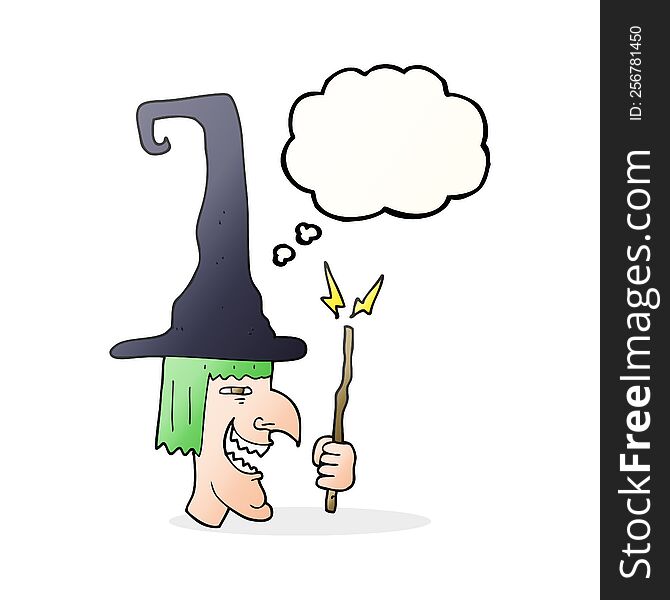 freehand drawn thought bubble cartoon laughing witch