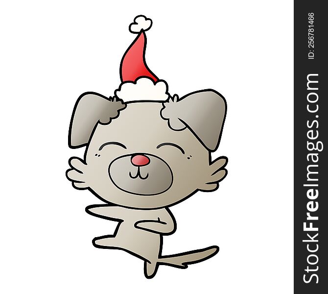 hand drawn gradient cartoon of a dog kicking wearing santa hat
