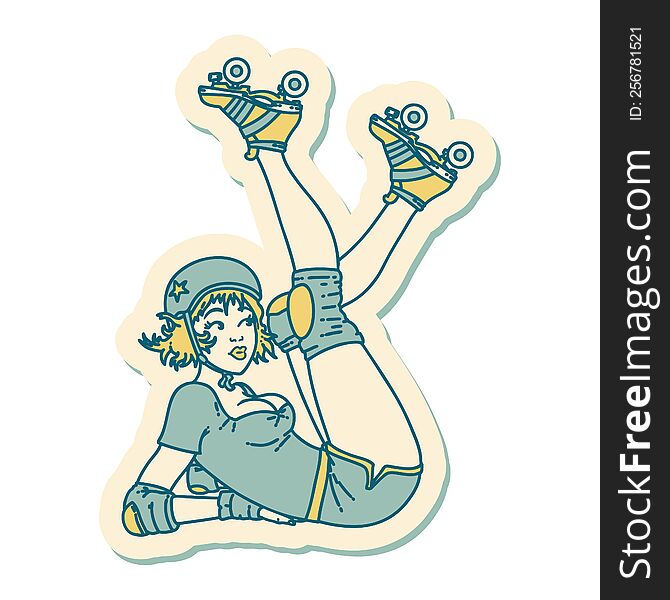 sticker of tattoo in traditional style of a pinup roller derby girl. sticker of tattoo in traditional style of a pinup roller derby girl