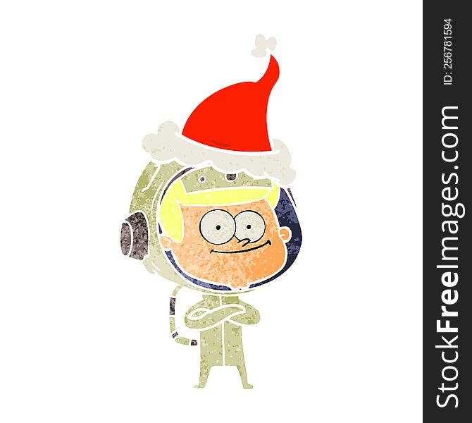 Happy Astronaut Retro Cartoon Of A Wearing Santa Hat