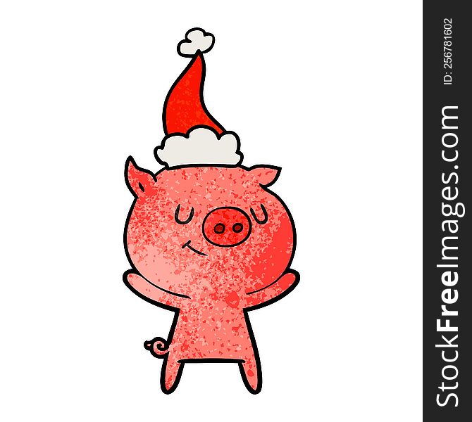 Happy Textured Cartoon Of A Pig Wearing Santa Hat