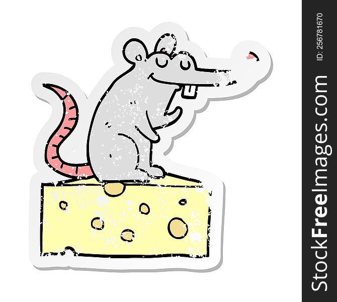 distressed sticker of a cartoon mouse sitting on cheese
