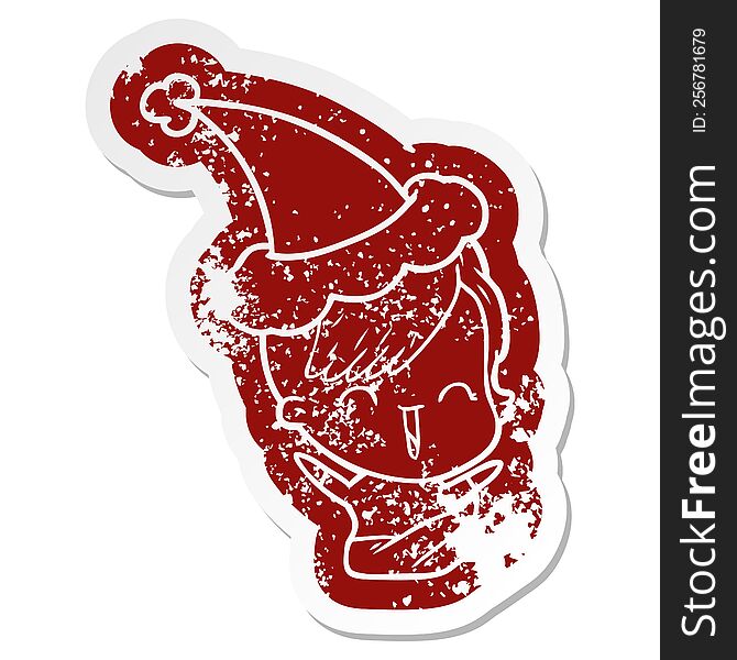 Cartoon Distressed Sticker Of A Happy Hipster Girl Wearing Santa Hat