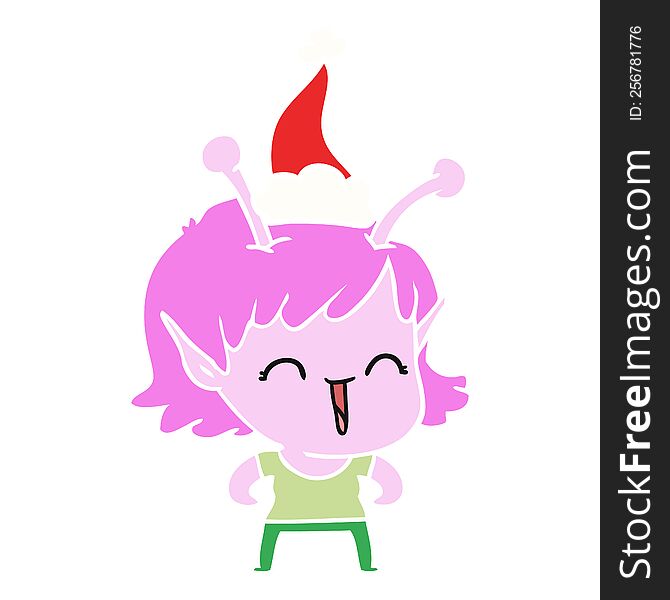hand drawn flat color illustration of a alien girl laughing wearing santa hat